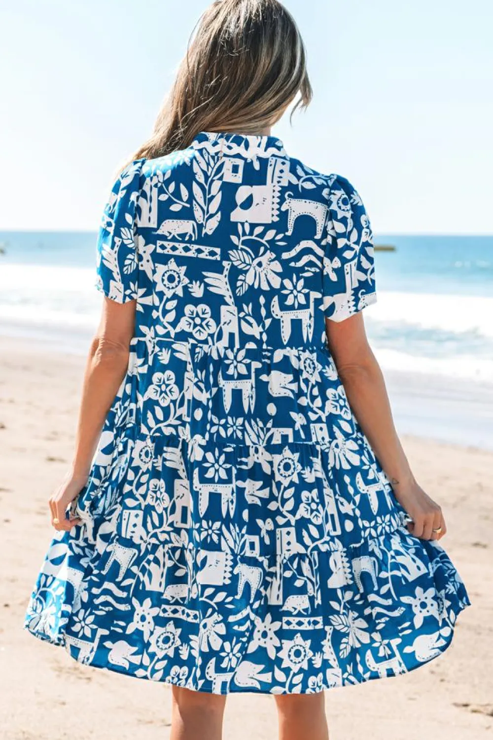 Sale Dear-Lover Ricrac Trim Split Neck Floral Loose Dress Blue