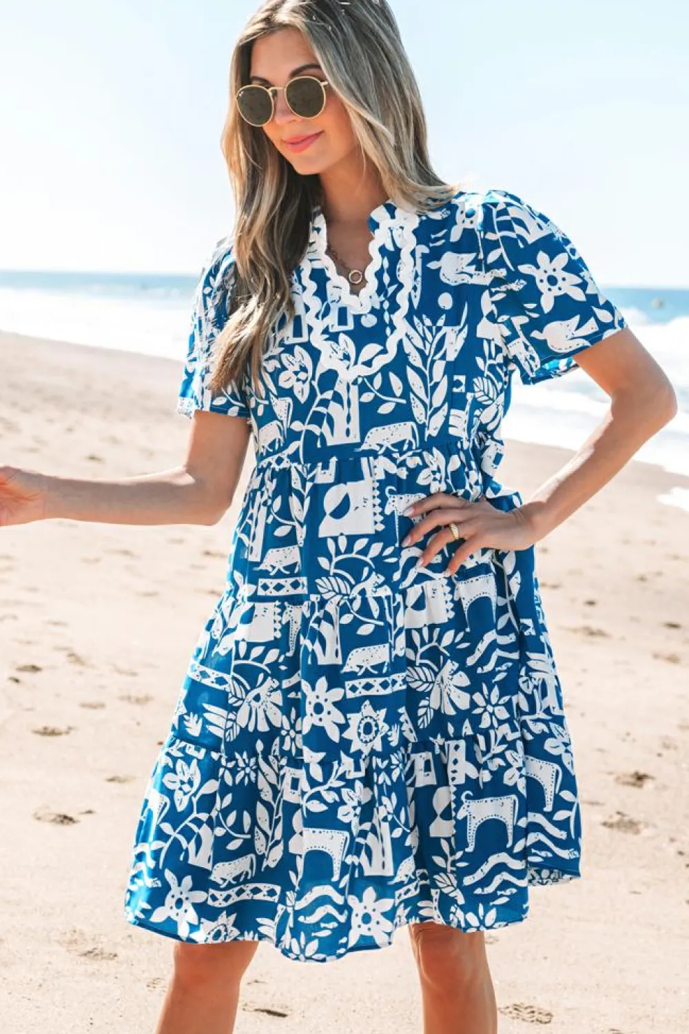 Sale Dear-Lover Ricrac Trim Split Neck Floral Loose Dress Blue