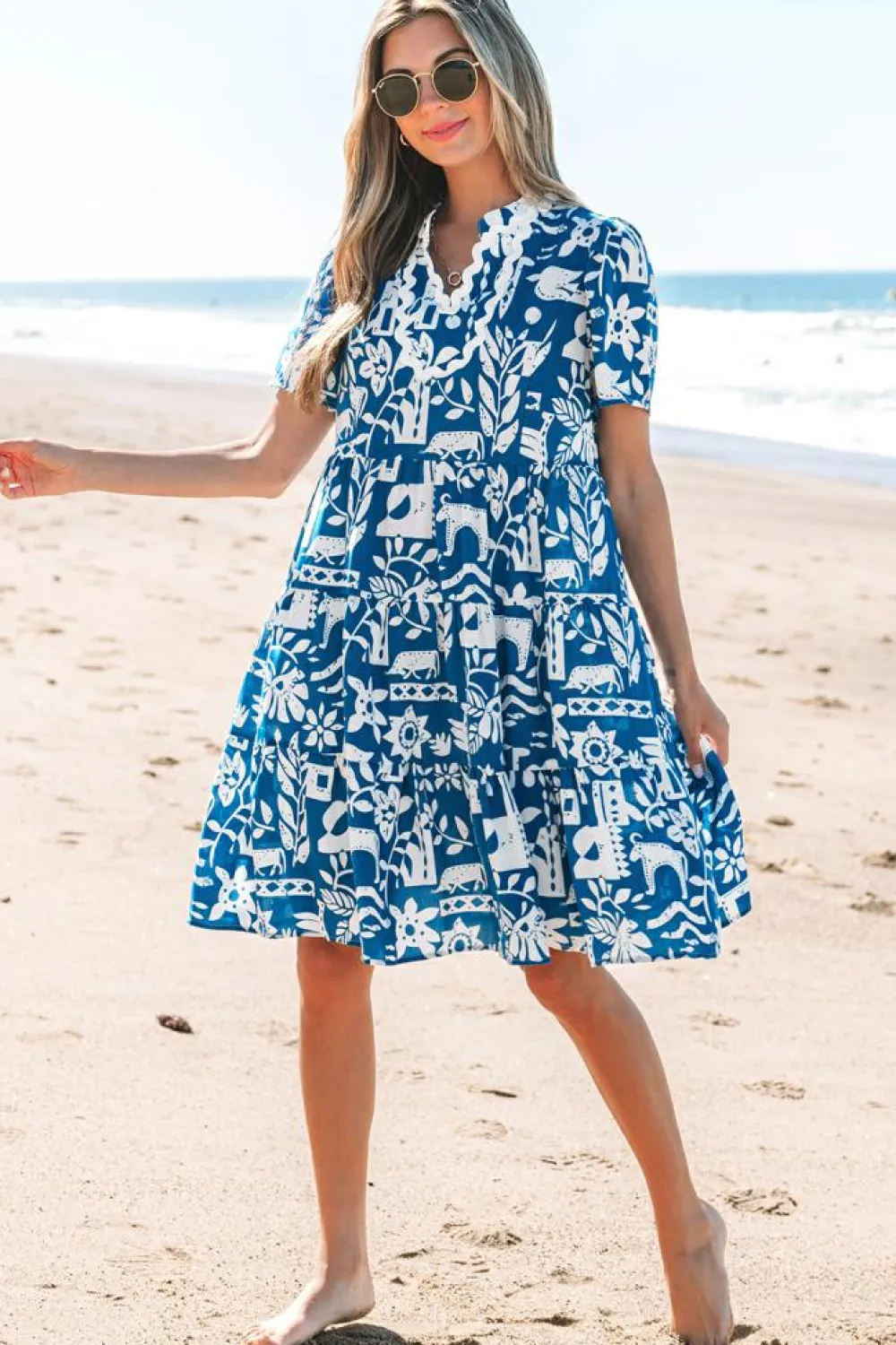 Sale Dear-Lover Ricrac Trim Split Neck Floral Loose Dress Blue