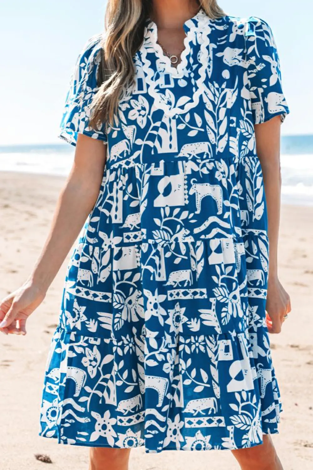 Sale Dear-Lover Ricrac Trim Split Neck Floral Loose Dress Blue