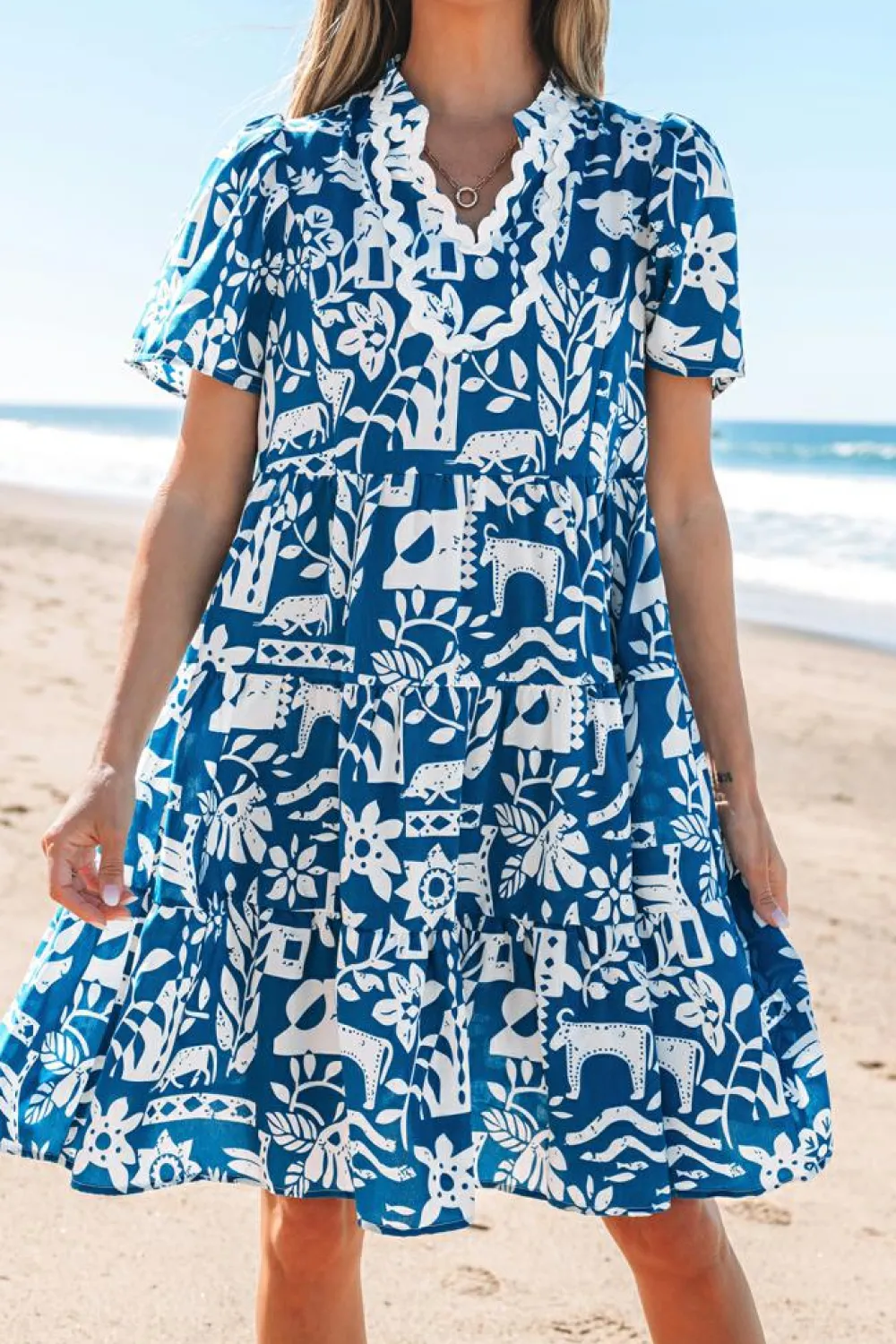 Sale Dear-Lover Ricrac Trim Split Neck Floral Loose Dress Blue