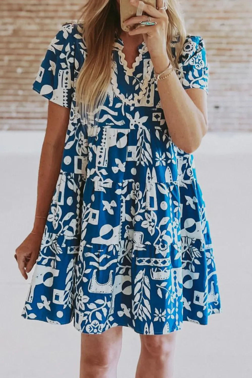 Sale Dear-Lover Ricrac Trim Split Neck Floral Loose Dress Blue