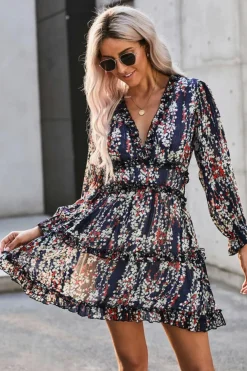Discount Dear-Lover Ruffle Detailing Open Back Floral Dress Blue