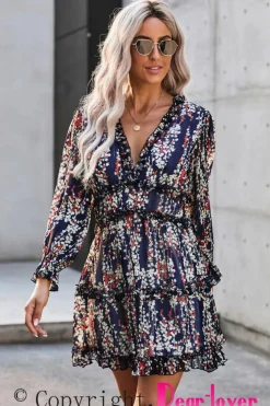 Discount Dear-Lover Ruffle Detailing Open Back Floral Dress Blue