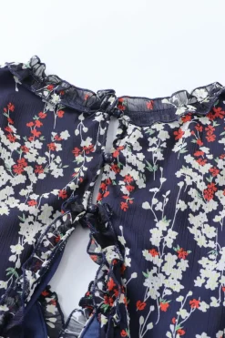 Discount Dear-Lover Ruffle Detailing Open Back Floral Dress Blue
