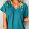 Sale Dear-Lover Crinkled V Neck Wide Sleeve T-shirt Blue Sapphire