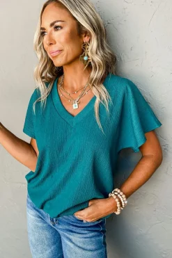 Sale Dear-Lover Crinkled V Neck Wide Sleeve T-shirt Blue Sapphire