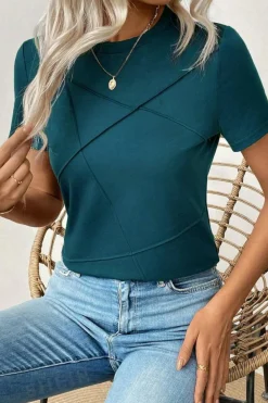Fashion Dear-Lover Solid Color Toothpick Stripe Round Neck T Shirt Blue Sapphire