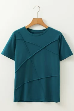 Fashion Dear-Lover Solid Color Toothpick Stripe Round Neck T Shirt Blue Sapphire