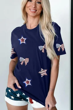 Outlet Dear-Lover Sequin USA Flag Bow Star Graphic Crewneck T Shirt Blue