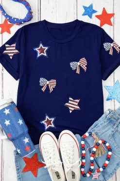 Outlet Dear-Lover Sequin USA Flag Bow Star Graphic Crewneck T Shirt Blue