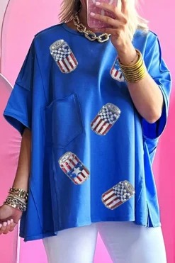 Hot Dear-Lover Sequined American Flag Pop Can Pattern Oversized Tee Blue