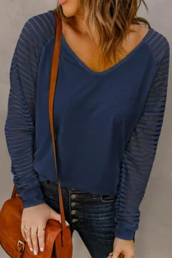 Best Dear-Lover Sheer Stripe V-Neck Top Blue