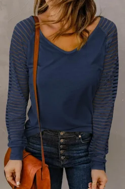 Best Dear-Lover Sheer Stripe V-Neck Top Blue