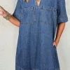 Sale Dear-Lover Short Sleeve Collared Patched Pocket Denim Mini Dress Blue