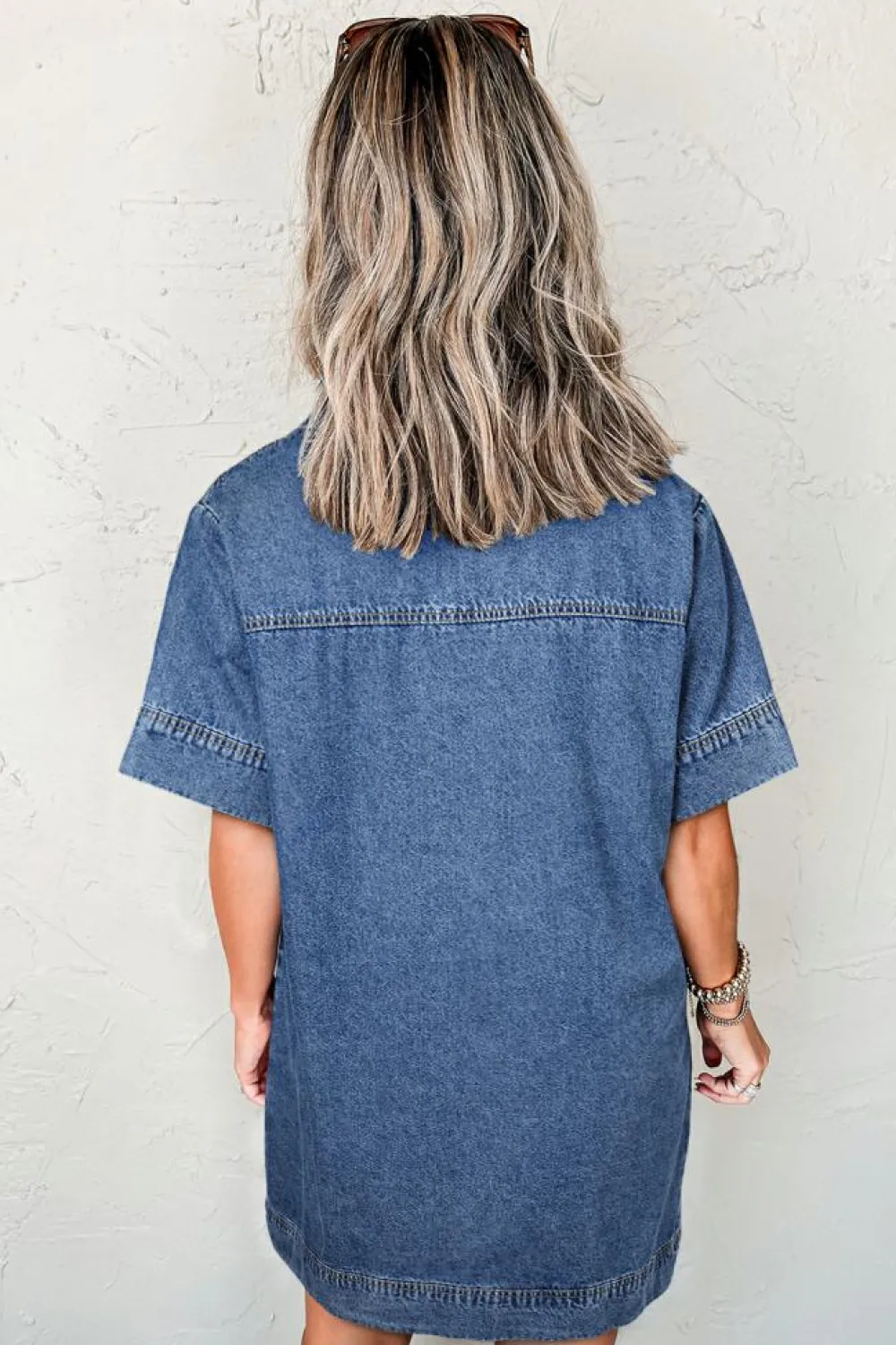 Sale Dear-Lover Short Sleeve Collared Patched Pocket Denim Mini Dress Blue