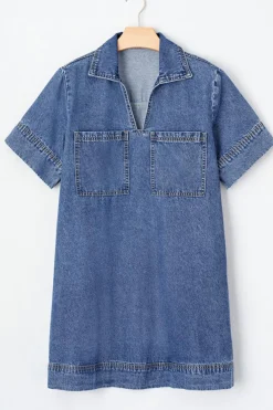 Sale Dear-Lover Short Sleeve Collared Patched Pocket Denim Mini Dress Blue