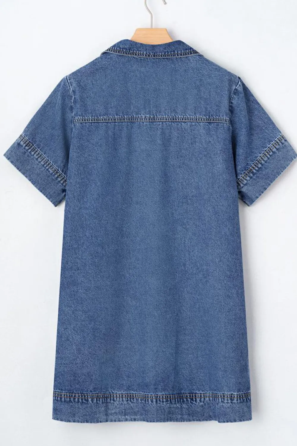 Sale Dear-Lover Short Sleeve Collared Patched Pocket Denim Mini Dress Blue