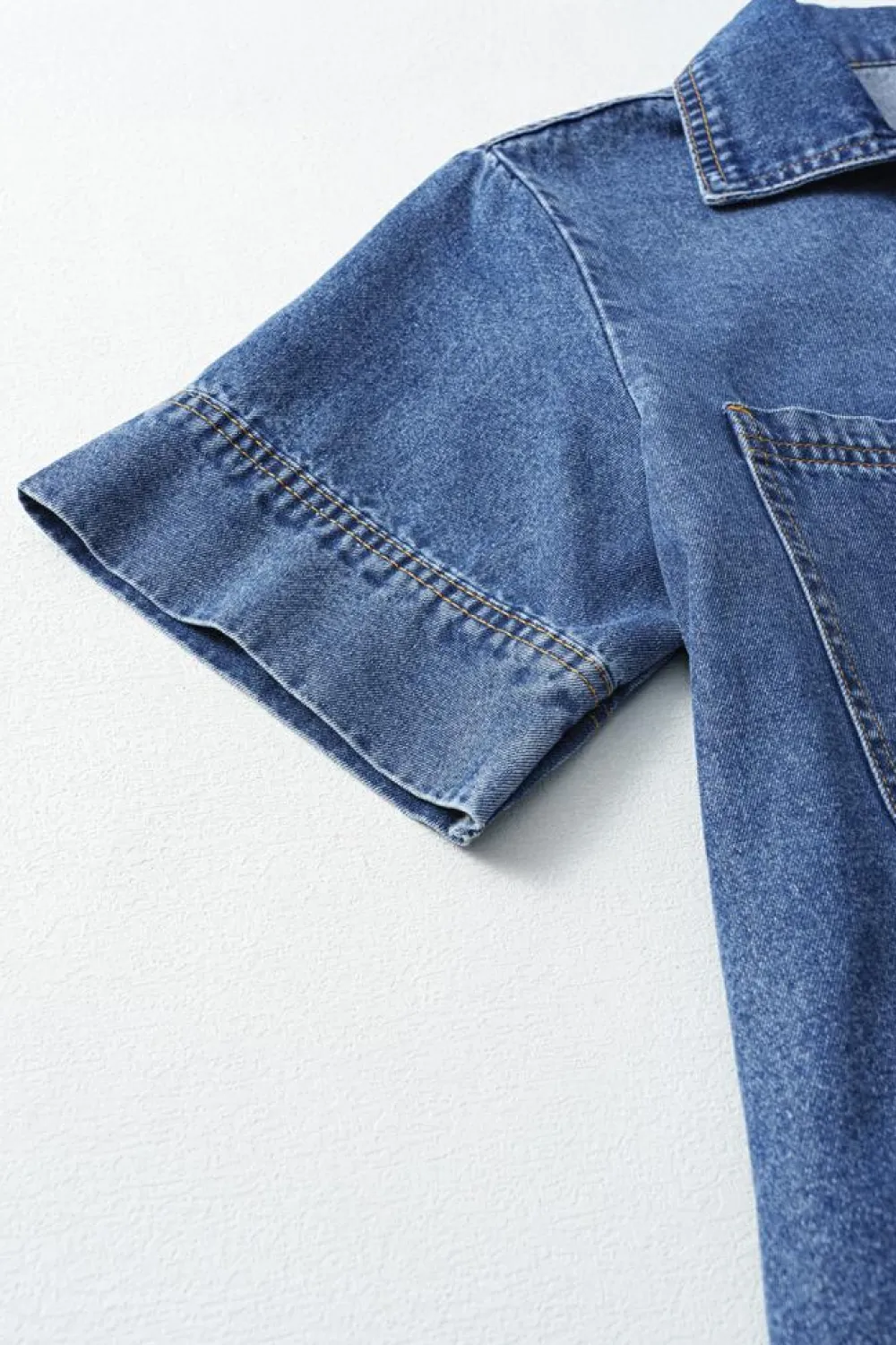 Sale Dear-Lover Short Sleeve Collared Patched Pocket Denim Mini Dress Blue