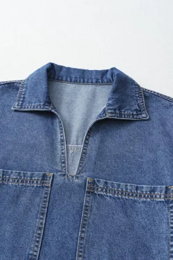 Sale Dear-Lover Short Sleeve Collared Patched Pocket Denim Mini Dress Blue
