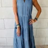 New Dear-Lover Sleeveless Tiered Chambray Maxi Dress Blue