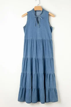 New Dear-Lover Sleeveless Tiered Chambray Maxi Dress Blue