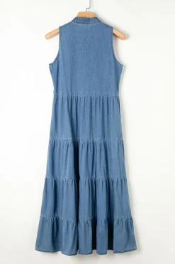 New Dear-Lover Sleeveless Tiered Chambray Maxi Dress Blue