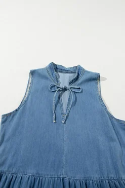 New Dear-Lover Sleeveless Tiered Chambray Maxi Dress Blue