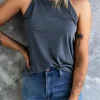 Fashion Dear-Lover Solid Color Crew Neck Tank Top Blue
