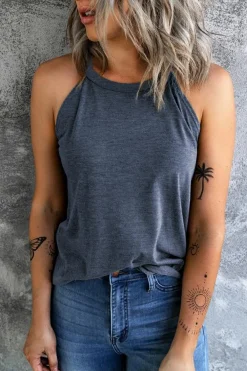 Fashion Dear-Lover Solid Color Crew Neck Tank Top Blue