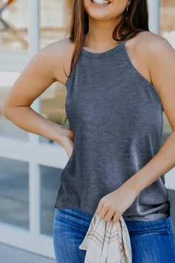 Fashion Dear-Lover Solid Color Crew Neck Tank Top Blue