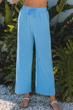 Hot Dear-Lover Solid Corded Knit Short Sleeve T Shirt and Wide Leg Pants Set Blue