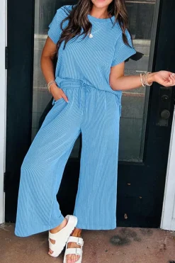 Hot Dear-Lover Solid Corded Knit Short Sleeve T Shirt and Wide Leg Pants Set Blue
