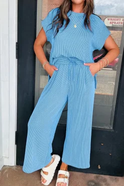 Hot Dear-Lover Solid Corded Knit Short Sleeve T Shirt and Wide Leg Pants Set Blue