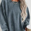 New Dear-Lover Solid Ribbed Knit Round Neck Pullover Sweatshirt Blue