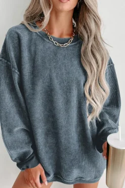 New Dear-Lover Solid Ribbed Knit Round Neck Pullover Sweatshirt Blue