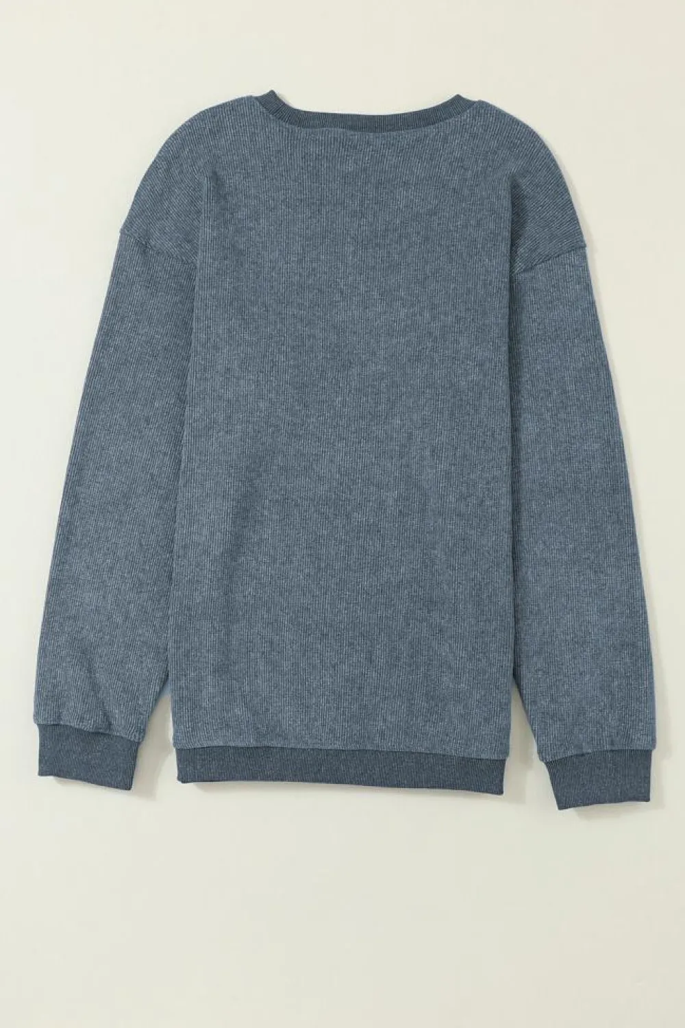 New Dear-Lover Solid Ribbed Knit Round Neck Pullover Sweatshirt Blue