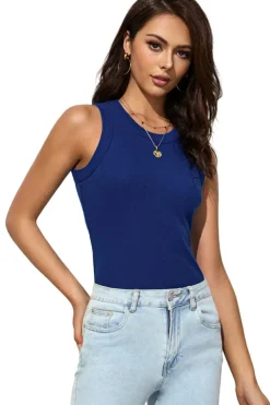 Clearance Dear-Lover Solid Round Neck Ribbed Tank Top Blue