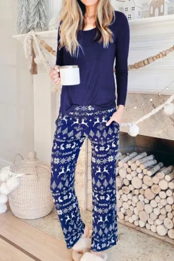 Clearance Dear-Lover Solid Top and Christmas Pants Two Piece Lounge Set Blue
