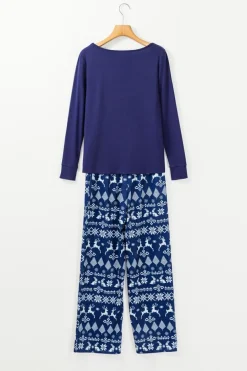 Clearance Dear-Lover Solid Top and Christmas Pants Two Piece Lounge Set Blue