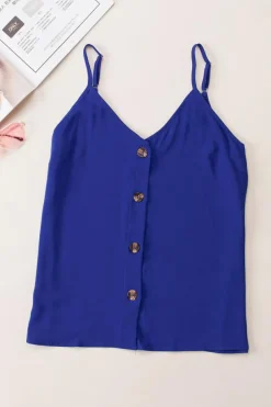Sale Dear-Lover Spaghetti Strap Buttoned Tank Top Blue