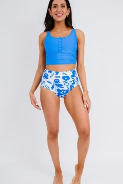 Best Dear-Lover Square Neck Sleeveless Fashion Print Tankini Set Blue
