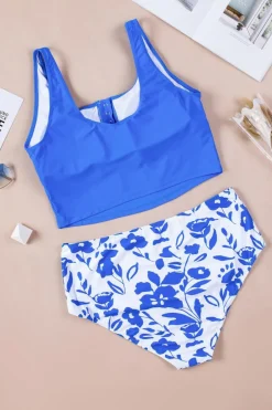 Best Dear-Lover Square Neck Sleeveless Fashion Print Tankini Set Blue