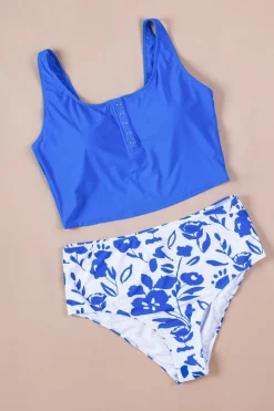 Best Dear-Lover Square Neck Sleeveless Fashion Print Tankini Set Blue