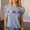 Sale Dear-Lover America Cursive Graphic Puff Sleeve T-shirt Blue Stripe