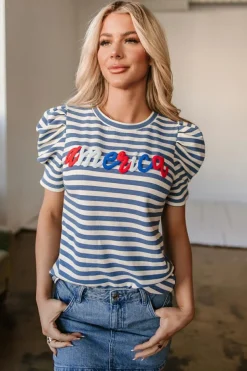 Sale Dear-Lover America Cursive Graphic Puff Sleeve T-shirt Blue Stripe