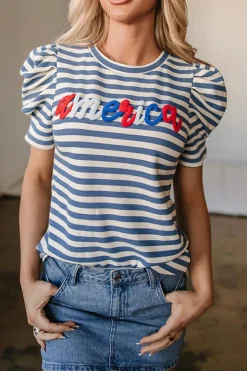 Sale Dear-Lover America Cursive Graphic Puff Sleeve T-shirt Blue Stripe