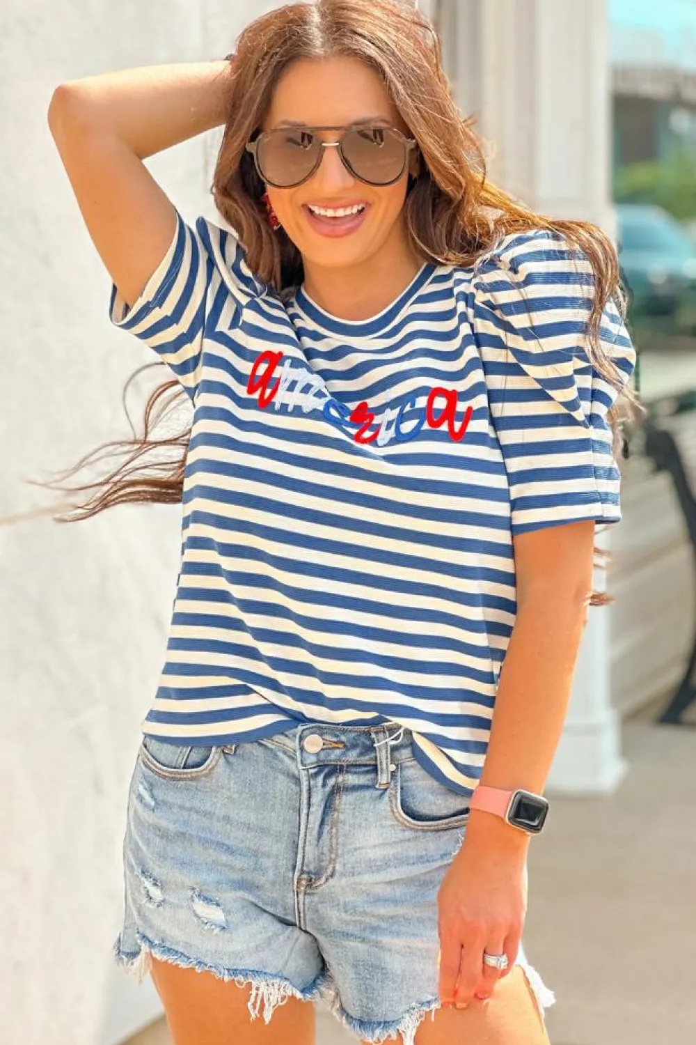 Sale Dear-Lover America Cursive Graphic Puff Sleeve T-shirt Blue Stripe
