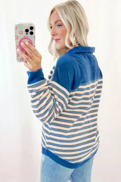 Sale Dear-Lover Buttoned V Neck Collared Drop Shoulder Top Blue Stripe
