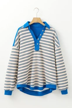 Sale Dear-Lover Buttoned V Neck Collared Drop Shoulder Top Blue Stripe